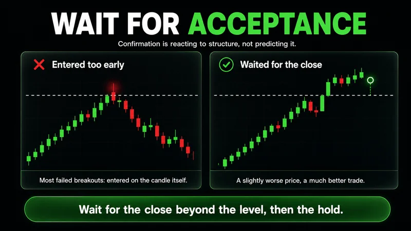 Two charts titled "Wait for Acceptance" at the same breakout level — entering too early as price pokes above then falls back, versus waiting for the candle to close beyond the level and hold; wait for the close beyond the level, then the hold.