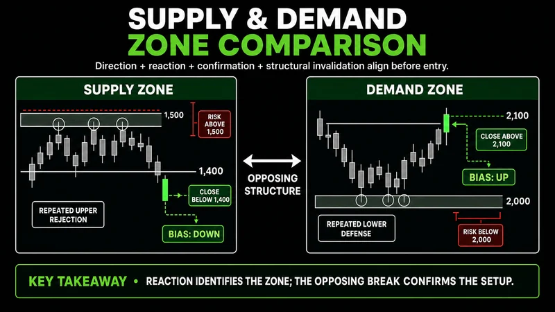Supply and demand zones compared with rejection, breakout confirmation, and invalidation labels