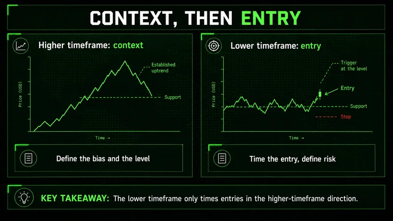 Paired panels showing higher-timeframe context beside a lower timeframe entry with a defined stop