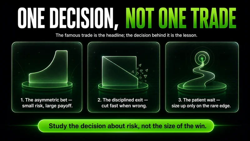 Three anonymous archetype cards titled "One Decision, Not One Trade" — the asymmetric bet of small risk for large payoff, the disciplined exit that cuts fast when wrong, and the patient wait that sizes up only on the rare edge; study the decision about risk, not the size of the win.