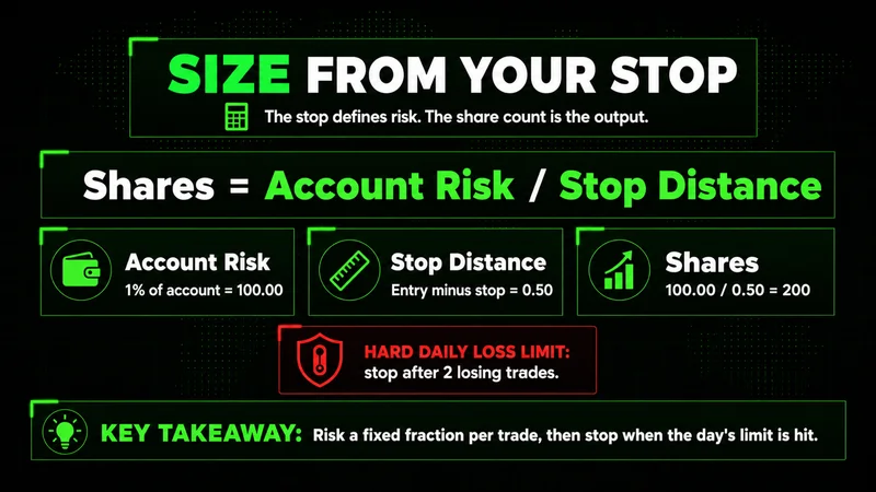Day trading risk management diagram showing position size as account risk divided by stop distance