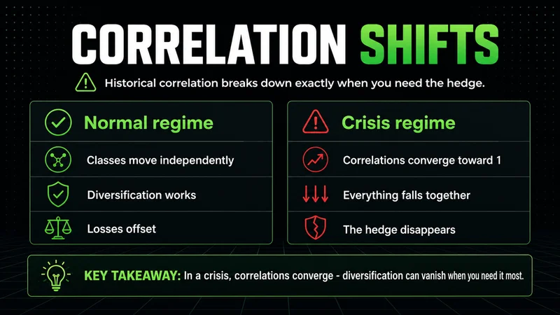 Neon panels showing correlations converging in a crisis and diversification disappearing