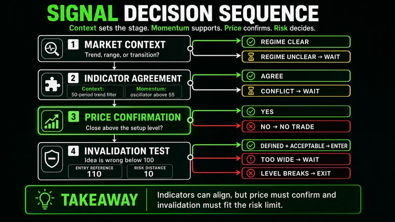 Decision tree showing context, indicator agreement, price confirmation, and defined invalidation