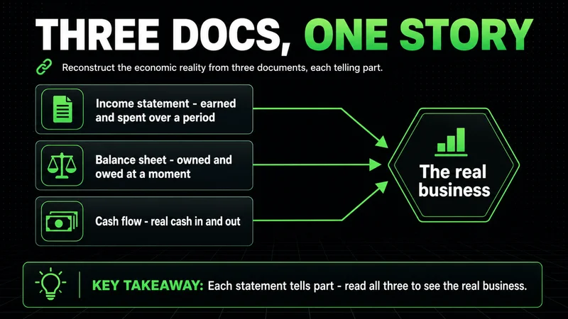 Neon diagram of the income statement, balance sheet and cash flow converging into the real business