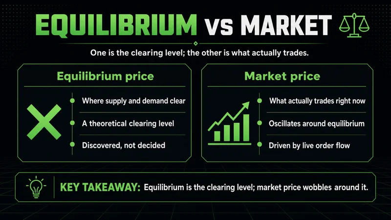 Neon panels contrasting the equilibrium clearing price with the live market price