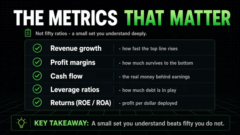 Neon checklist of core quantitative metrics: revenue growth, margins, cash flow, leverage and returns