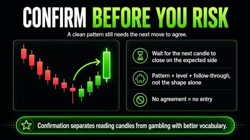 Chart titled "Confirm Before You Risk" showing a reversal candle followed by a confirming candle that closes in the new direction, with notes to wait for the next candle, require pattern plus level plus follow-through, and take no entry without agreement; confirmation separates reading candles from gambling.