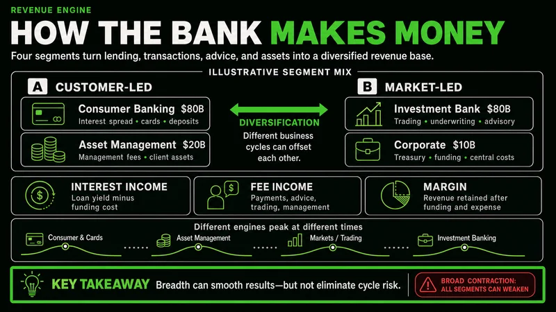 JPMorgan revenue breakdown across interest income, fees, markets, and business segments