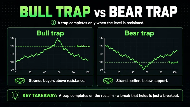 Neon panels contrasting a bull trap above resistance with a bear trap below support