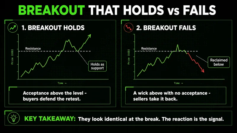 Two line charts comparing a resistance breakout that holds as support versus one that fails and gets reclaimed below
