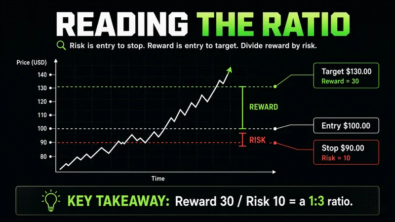 Annotated chart showing entry, stop, and target levels with the risk leg and reward leg marked for a 1:3 risk reward ratio