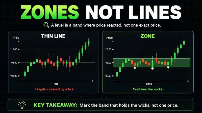 Diagram contrasting a thin single price line against a shaded support and resistance zone band that holds the wick touches