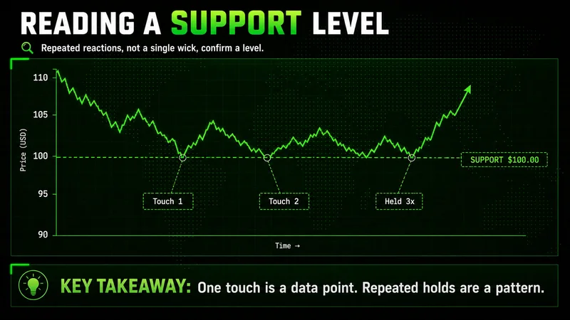 Line chart reading a support level: price holds a dashed $100 line at Touch 1, Touch 2 and Held 3x markers