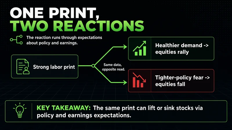 Neon diagram showing one economic print branching into a rally or a sell-off via policy expectations