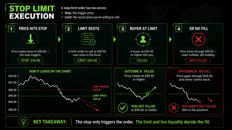 Stop limit execution diagram: stop $50.00 triggers, limit rests at $49.50, then fill or no fill if price gaps lower