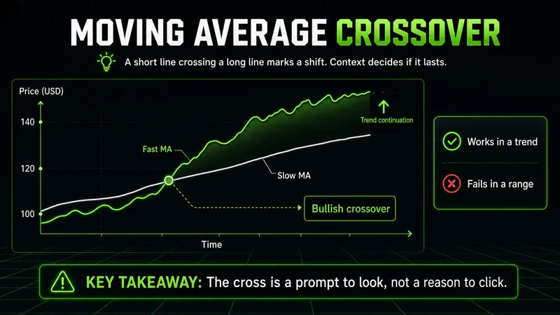 Moving average crossover diagram with a fast line crossing a slow line at a bullish crossover into a trend