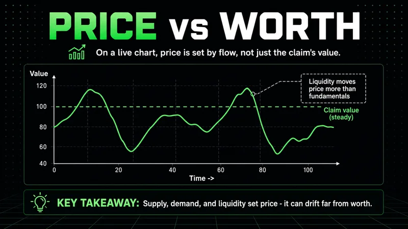 Neon chart of a market price swinging around a steady claim value, driven by liquidity