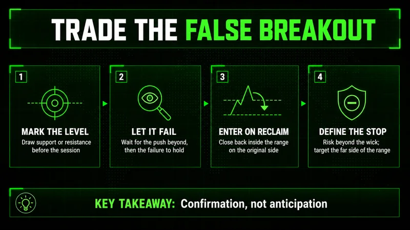 Four-step diagram for trading a false breakout: mark the level, let it fail, enter on the reclaim, define the stop