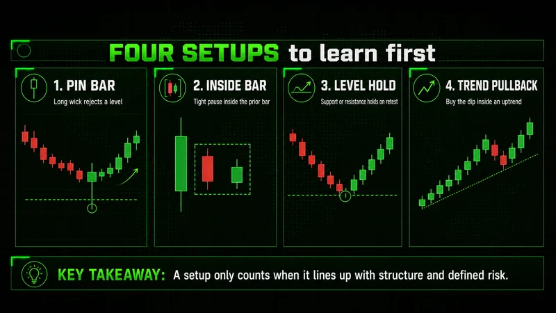 Four beginner price action setups: pin bar, inside bar, level hold, and trend pullback, each with a mini chart