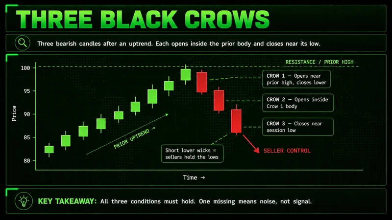 Annotated chart showing three black crows forming after an uptrend, with Crow 1, 2 and 3 marking seller control