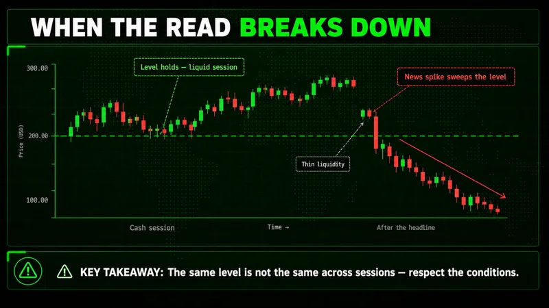 Candlestick chart: a level holds in the cash session, then a news spike sweeps through it on thin liquidity.