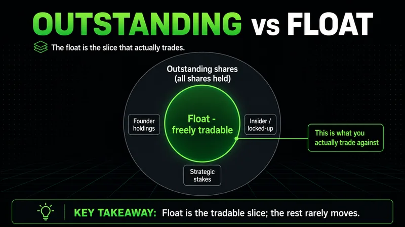 Neon nested diagram showing the tradable float inside total outstanding shares