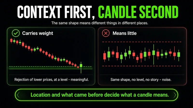 Two charts titled "Context First, Candle Second" showing the same long-lower-wick candle — meaningful as a rejection at the bottom of a decline into a level, but just noise floating in the middle of a flat range; location and what came before decide what a candle means.