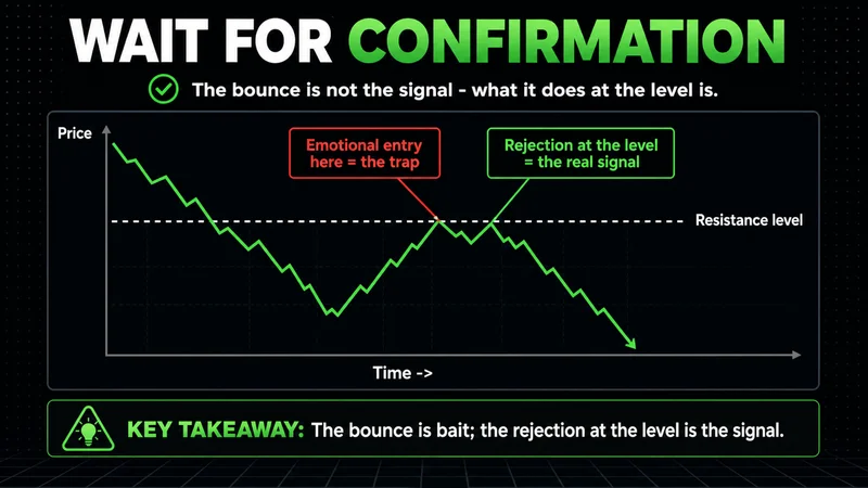 Neon chart showing a dead cat bounce rejecting at resistance as the confirmation signal