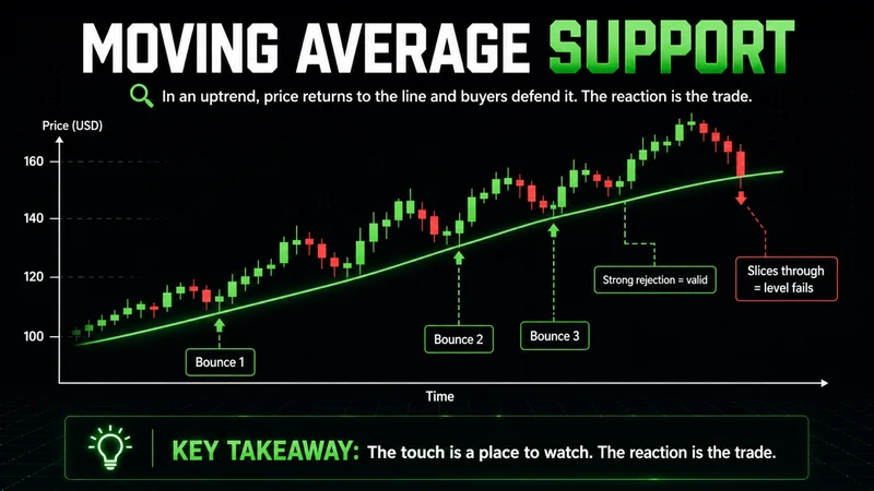 Uptrend chart showing moving average support as price bounces off the rising line three times