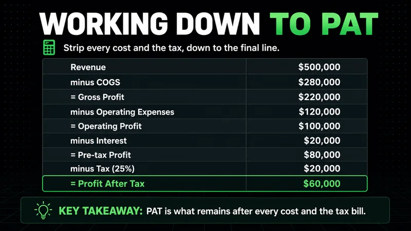 Neon income-statement ladder working revenue down to $60,000 profit after tax