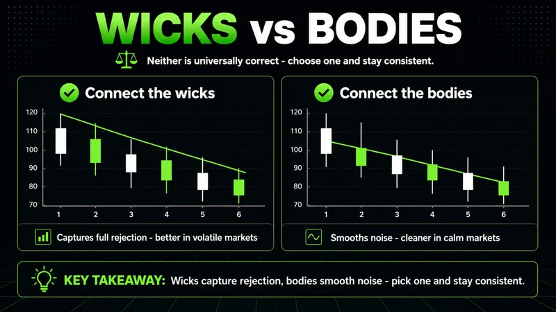 Side-by-side comparison titled "Wicks vs Bodies" — one descending line drawn across candle wicks, the other across candle bodies — noting wicks capture rejection in volatile markets and bodies smooth noise in calm ones; pick one and stay consistent.