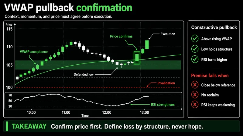 Annotated VWAP pullback chart with RSI confirmation, entry trigger, and invalidation level