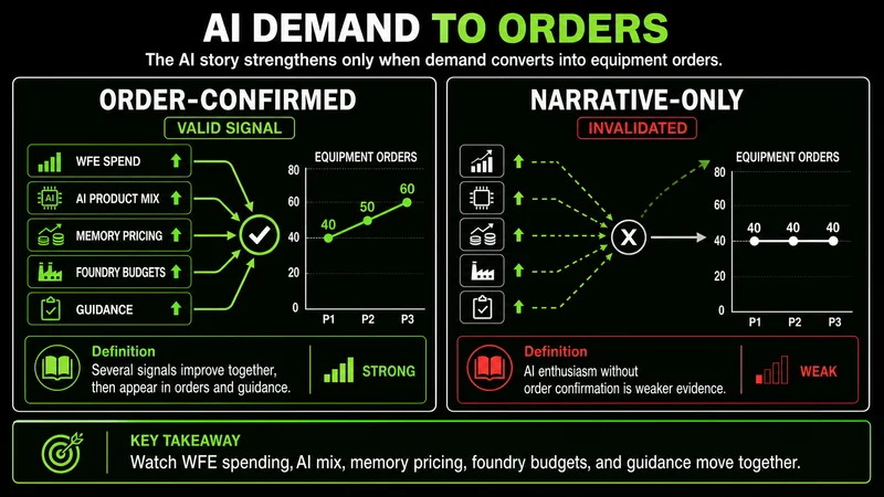 Paired-panel explainer contrasting AI demand narratives with confirmed semiconductor-equipment orders