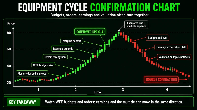 Annotated equipment-cycle chart showing orders, revenue, margins, and valuation expansion