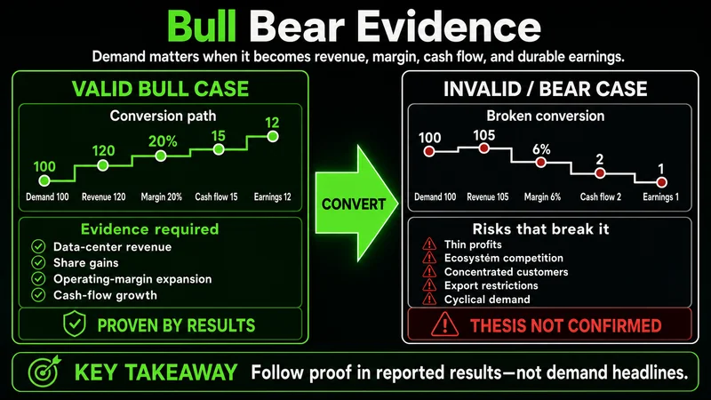 Bull and bear evidence checklist for AI growth, margins, valuation, and competitive risks