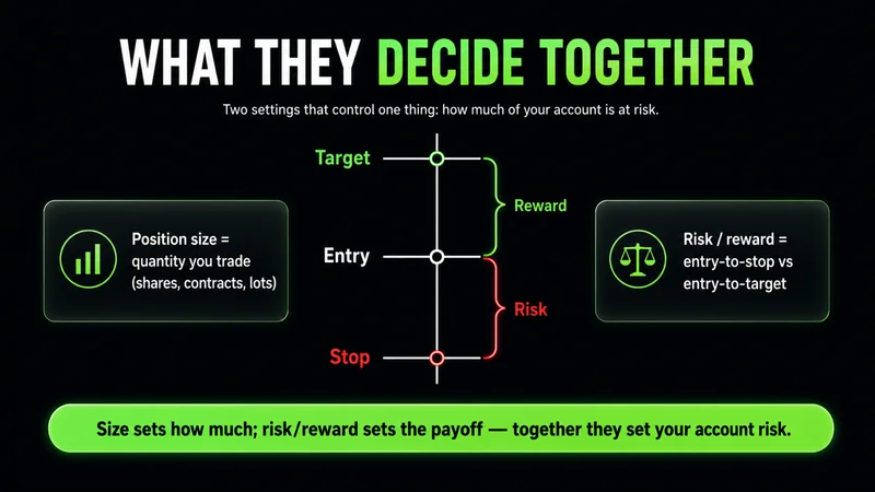 Diagram titled "What They Decide Together" with target, entry and stop on a price line — a green reward bracket from entry to target and a red risk bracket from entry to stop; position size is the quantity you trade and risk/reward is entry-to-stop versus entry-to-target, together setting your account risk.