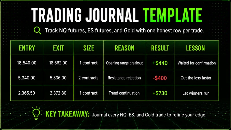 Trading journal template table with entry, exit, size, reason, result, and lesson columns across three sample futures trades