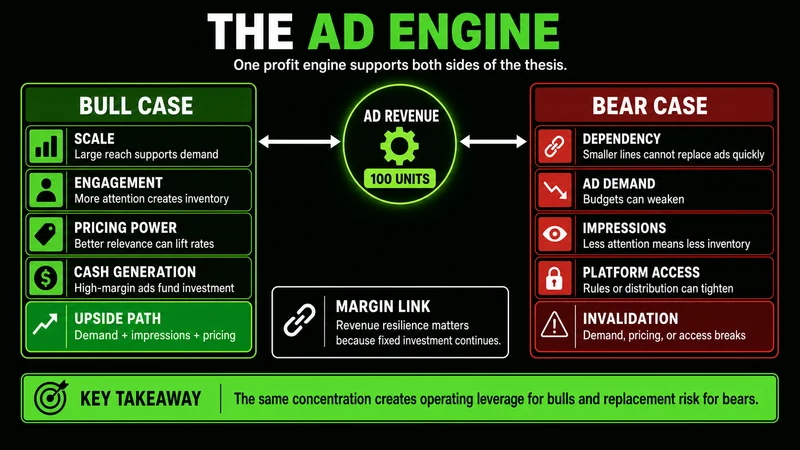 Advertising supplies about 98% of revenue and funds technology investments and operating losses