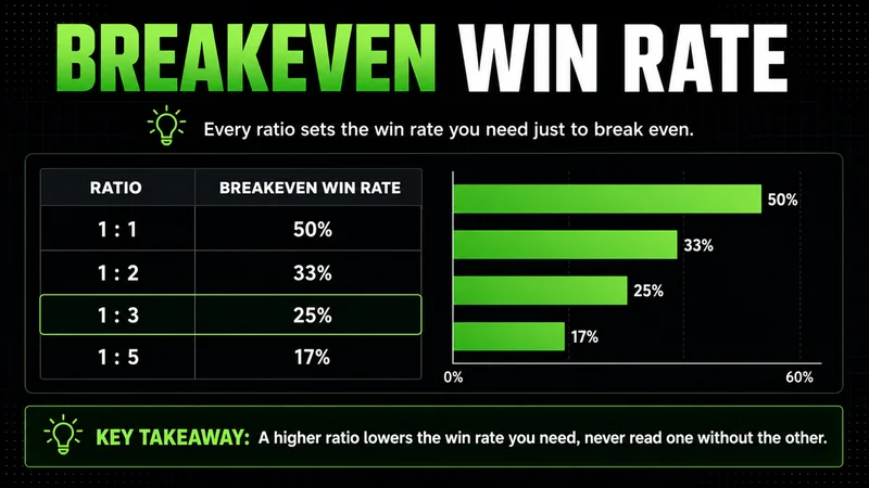 Infographic table mapping each risk reward ratio to the breakeven win rate it requires, with a supporting bar chart