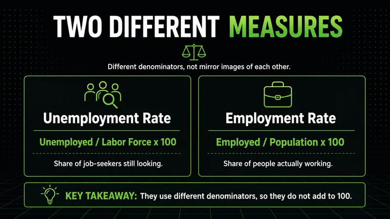 Neon side-by-side panels contrasting the unemployment rate and employment rate formulas and denominators