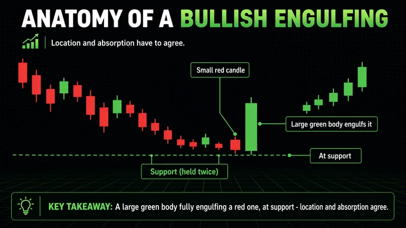 Neon annotated chart of a bullish engulfing at support with absorption and location agreeing