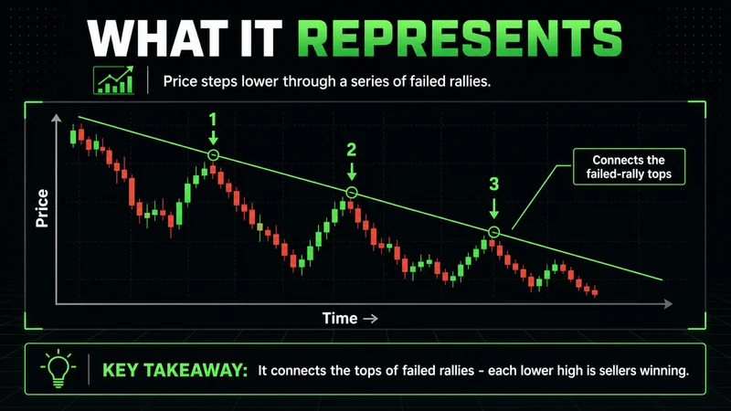 Explainer chart titled "What It Represents" showing price stepping lower through three numbered failed rallies, a descending line connecting the failed-rally tops, with a key takeaway that each lower high is sellers winning.