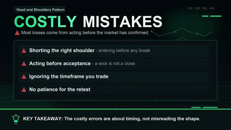 Neon checklist of costly head-and-shoulders mistakes about timing the entry