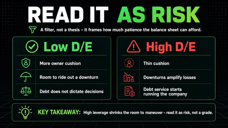 Neon panels contrasting low and high debt-to-equity as a measure of risk