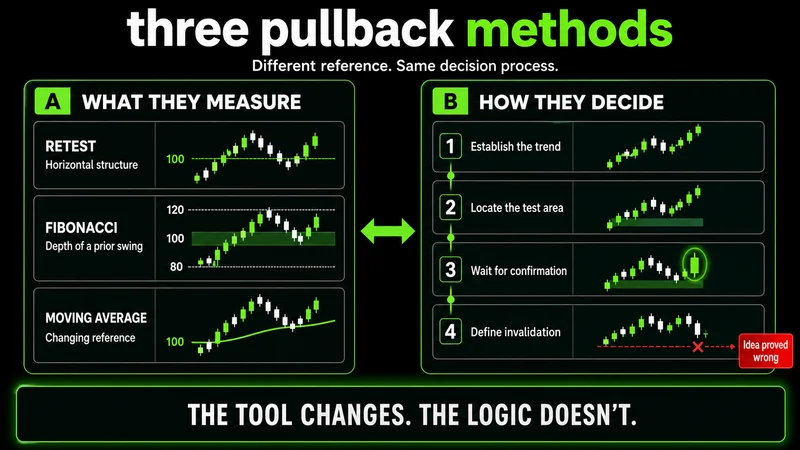 Comparison of breakout retest, Fibonacci retracement, and moving-average pullback methods