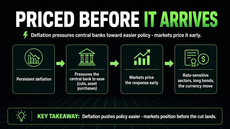 Neon flow showing deflation pressuring policy easier and markets pricing it before the cut