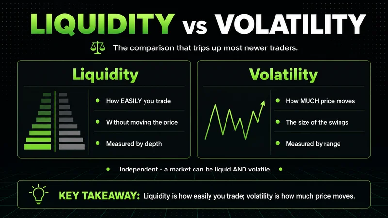Neon panels distinguishing liquidity (ease of trading) from volatility (size of moves)
