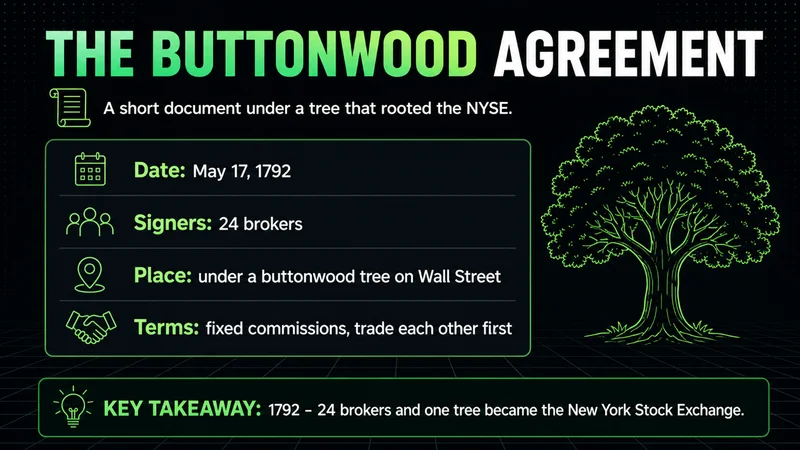 Neon fact card on the 1792 Buttonwood Agreement that rooted the New York Stock Exchange