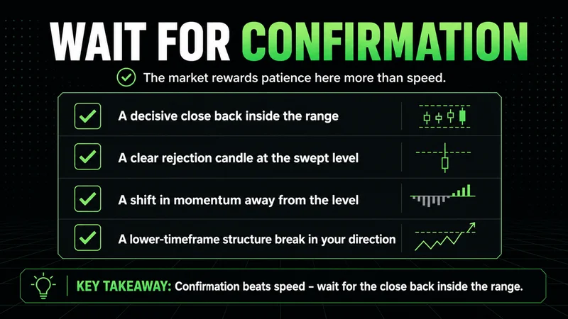Neon checklist confirming a liquidity sweep: close back inside, rejection candle, momentum, structure