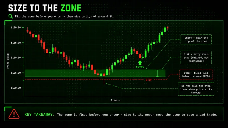 Candlestick chart showing how to size risk to a support zone, with entry, stop below the zone, and risk callouts